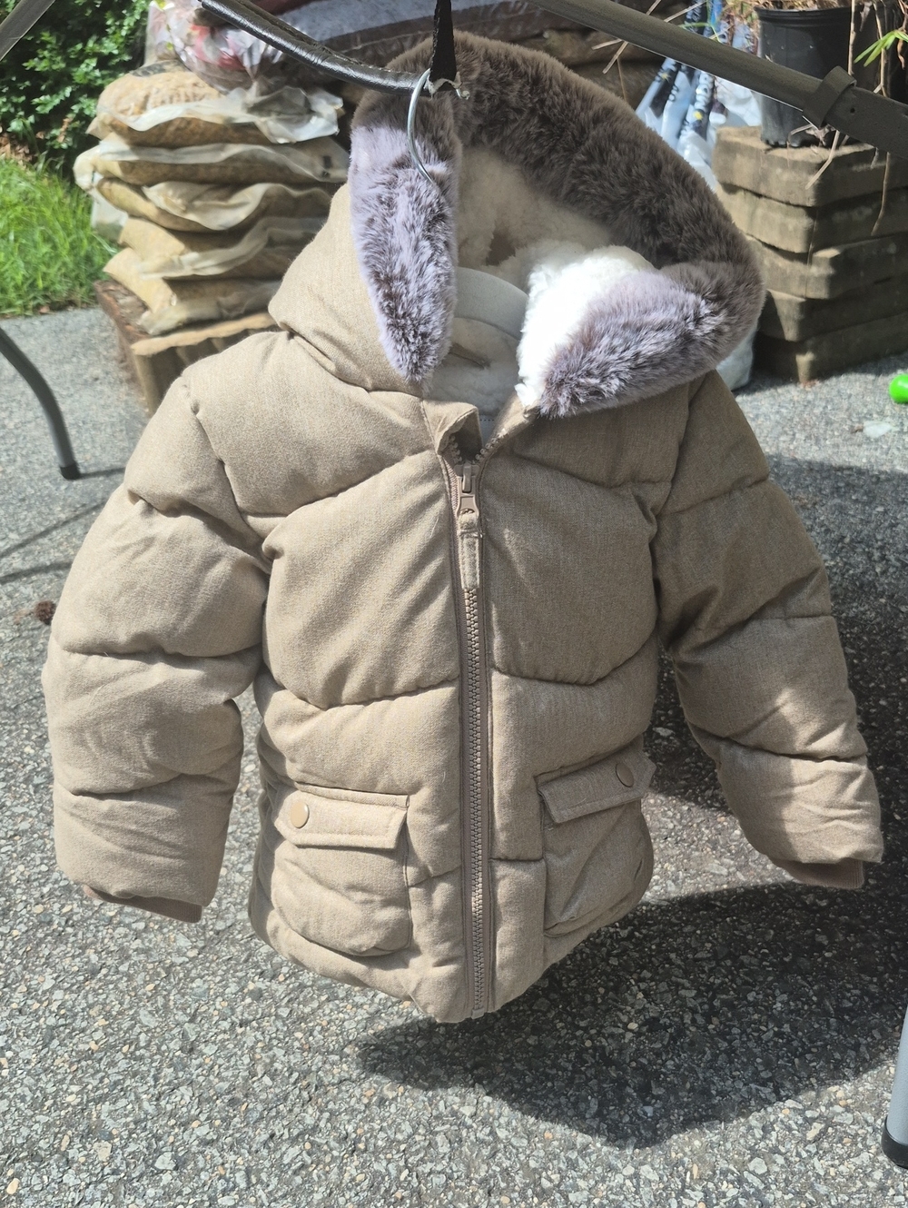 Kids Hooded Puffer Jacket in Tan with Faux-Fur Trim